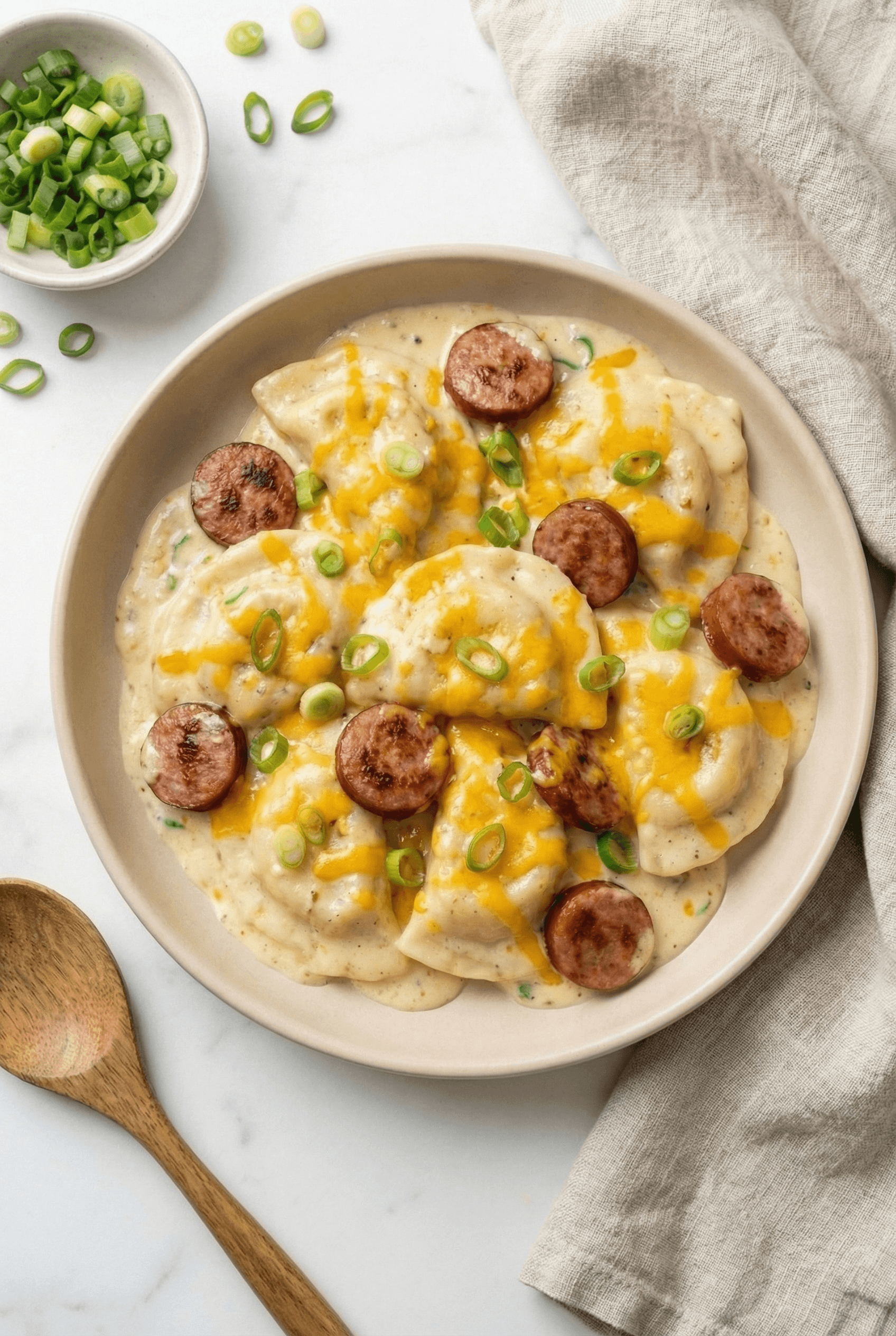 Crockpot Pierogi Casserole with Kielbasa and Creamy Cheddar