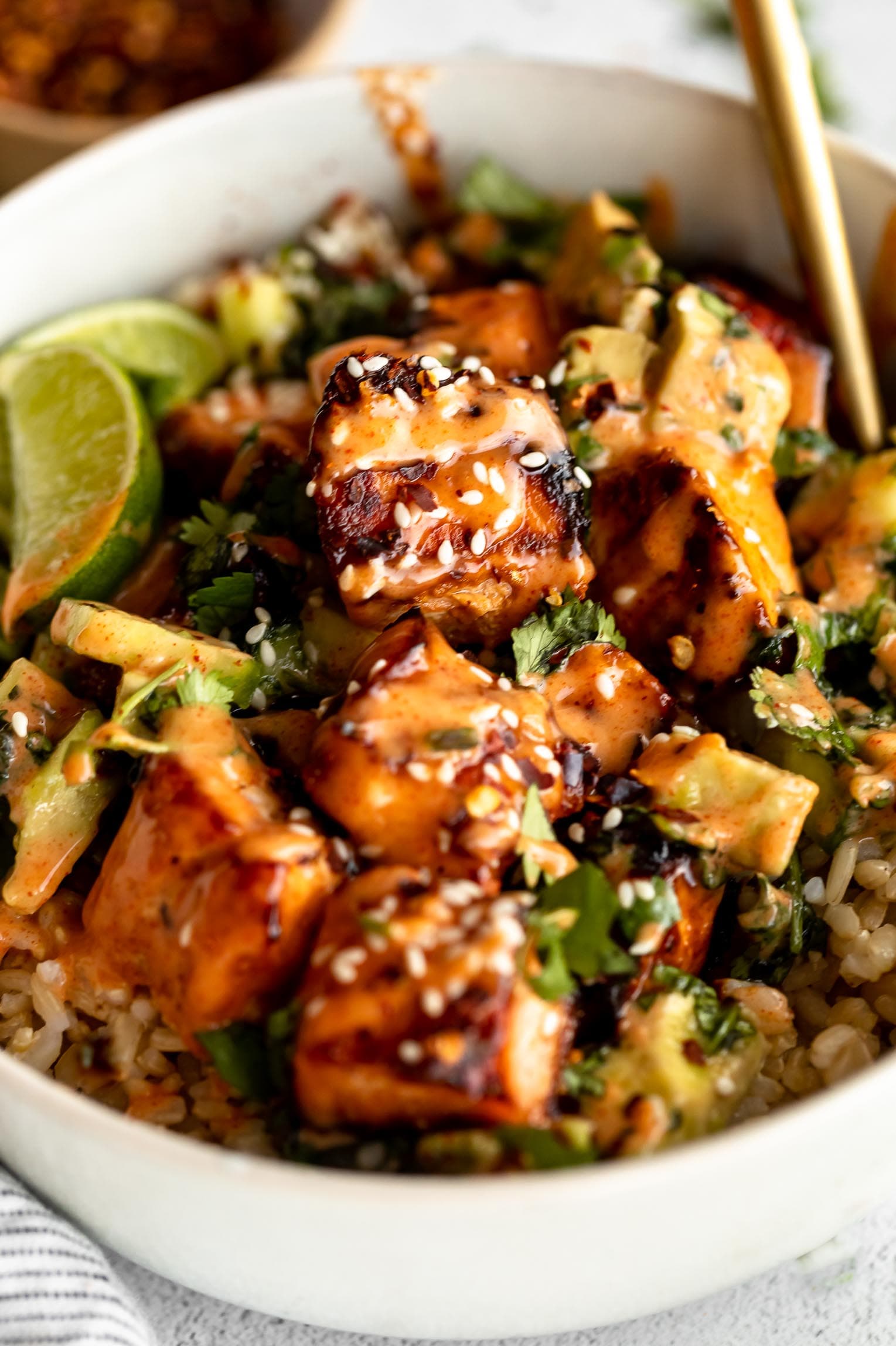 Honey Glazed Salmon Bowls with Crisp Salmon and Paprika Mayo