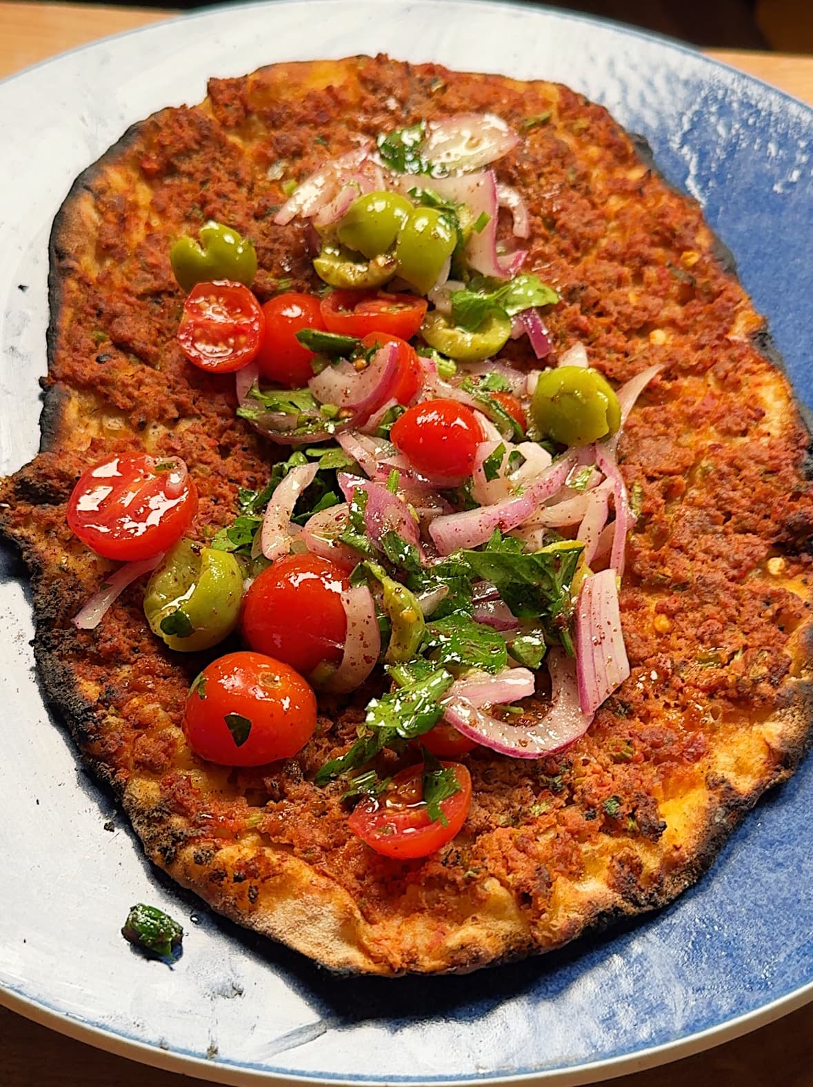 Easy Lahmacun With Spiced Ground Lamb and Lemony Olive Salad