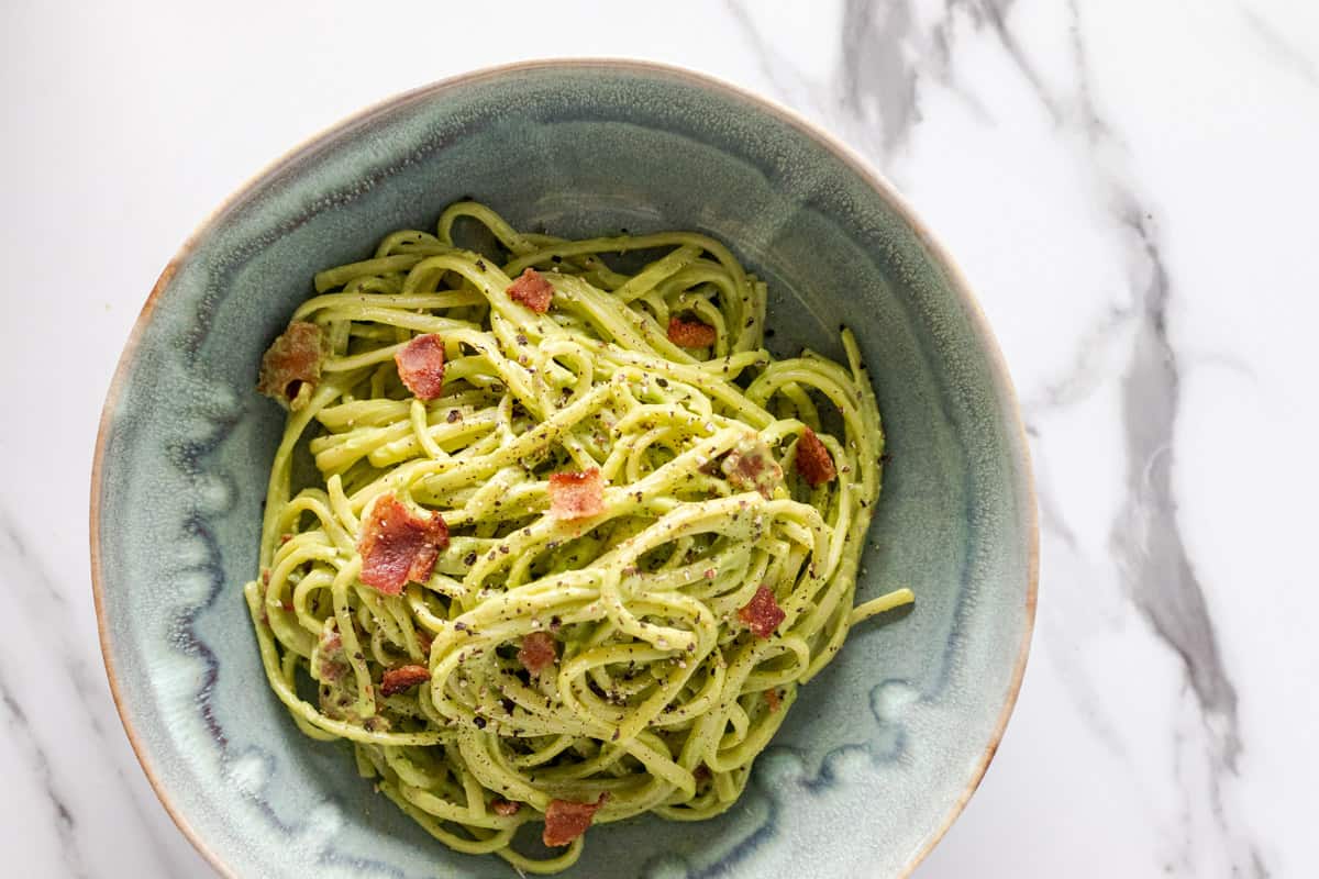 Avocado Carbonara with Creamy Kale Sauce, Bacon, and Parmesan