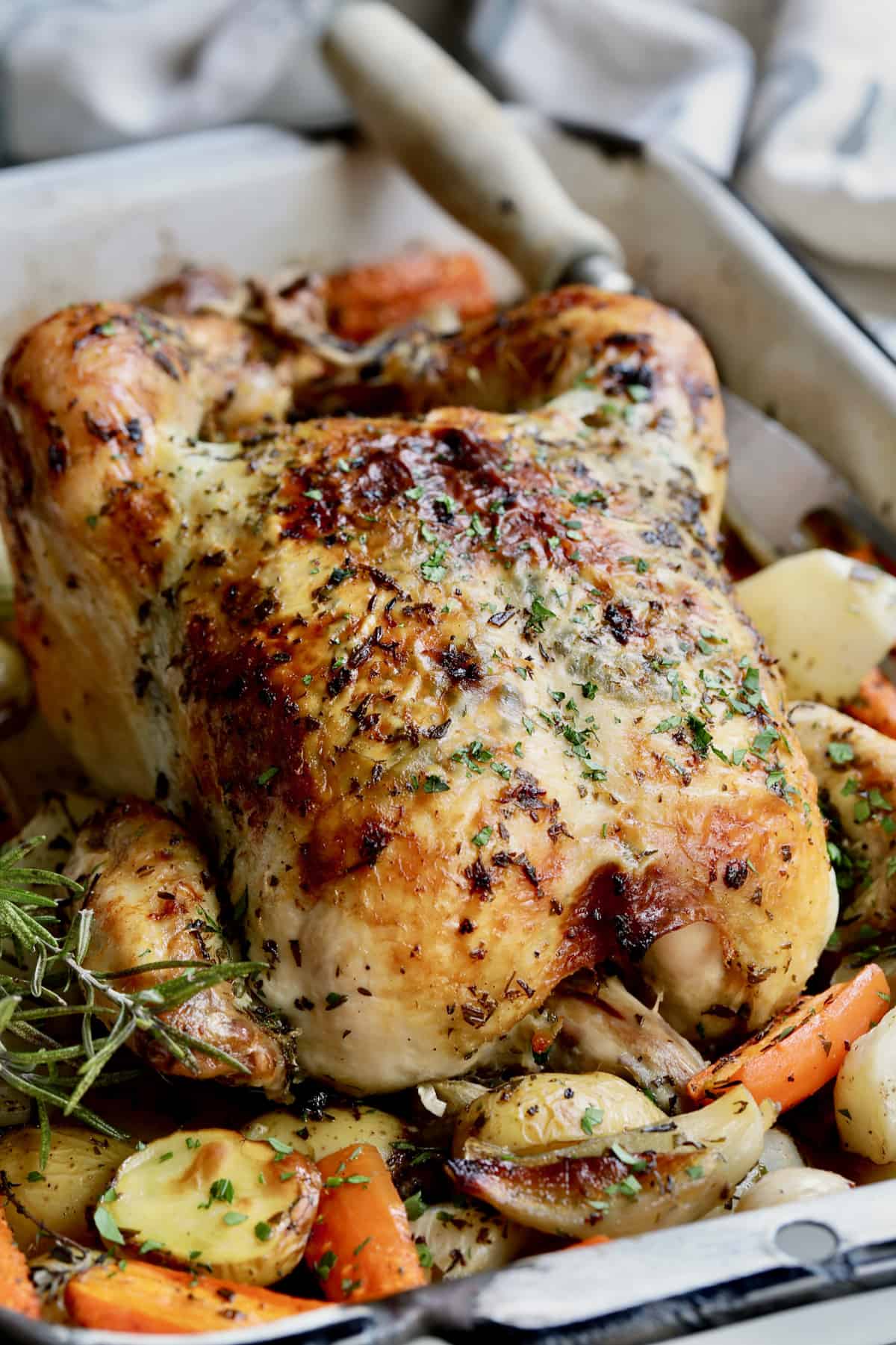 Garlic Herb Butter Roast Chicken with Lemony Root Vegetables