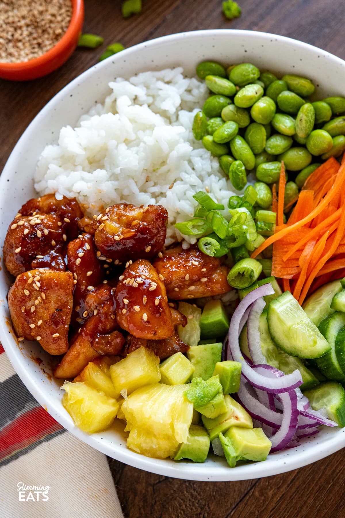 Hawaiian Chicken Poke Bowl with Sticky Chicken, Pineapple, and Spicy Mayo