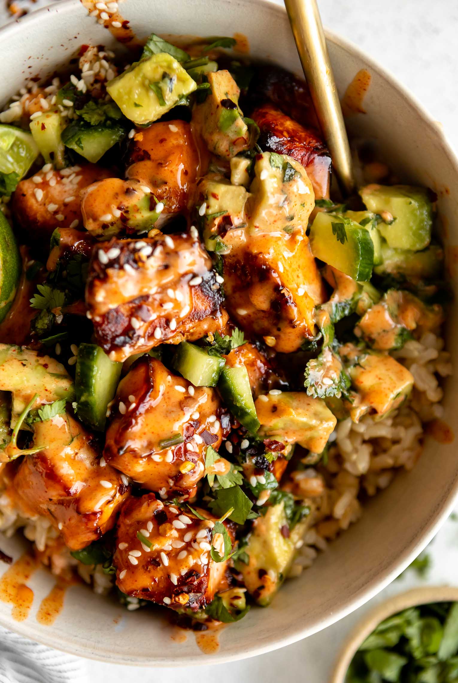 Honey Glazed Salmon Bowls with Crisp Salmon and Paprika Mayo
