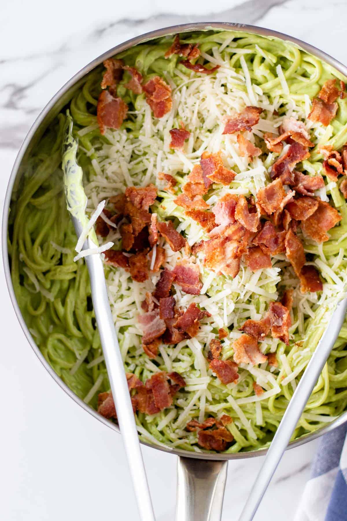 Avocado Carbonara with Creamy Kale Sauce, Bacon, and Parmesan